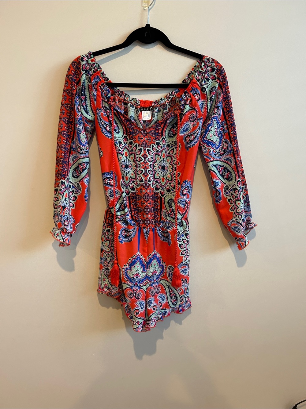 VENUS Coral and Teal Paisley Off-Shoulder Romper